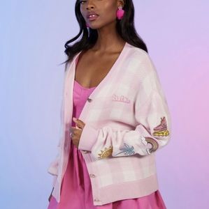 Barbie Patchwork Embroidered Pink & White Plaid Cardigan size Large Oversized